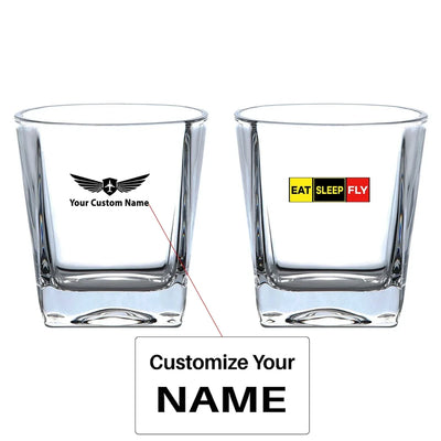 Eat Sleep Fly (Colourful) aviation design on whiskey glass, crystal-clear premium glassware.