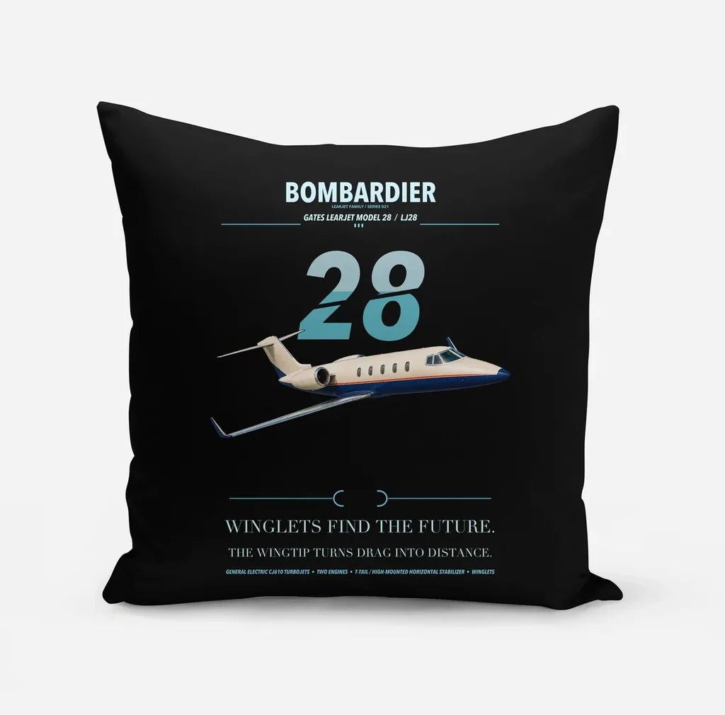 Bombardier Learjet 28 design on black pillow