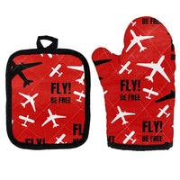 Thumbnail for Fly Be Free Red Kitchen Glove & Holder aviation design on durable fabric with insulated lining kitchen glove holder.