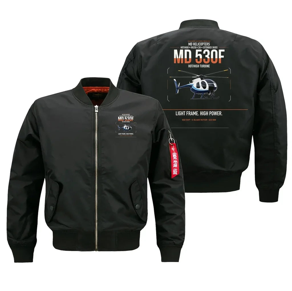MD Helicopters MD 530F design on black bomber jacket, double-side print