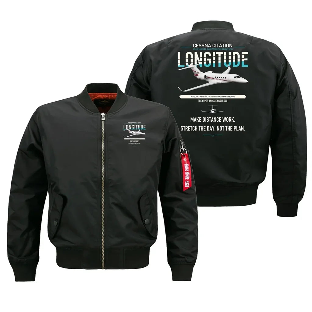 Cessna Citation Longitude design on black bomber jacket, double-side print