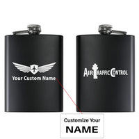 Thumbnail for Air Traffic Control aviation design on stainless hip flask, compact pocket-size flask.