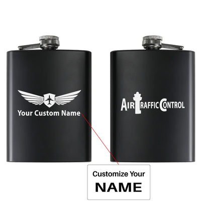 Air Traffic Control aviation design on stainless hip flask, compact pocket-size flask.