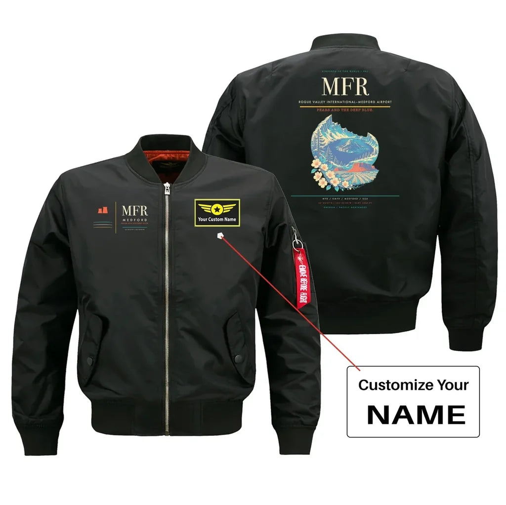 Rogue Valley International–Medford Airport (MFR) design on black bomber jacket with custom name patch