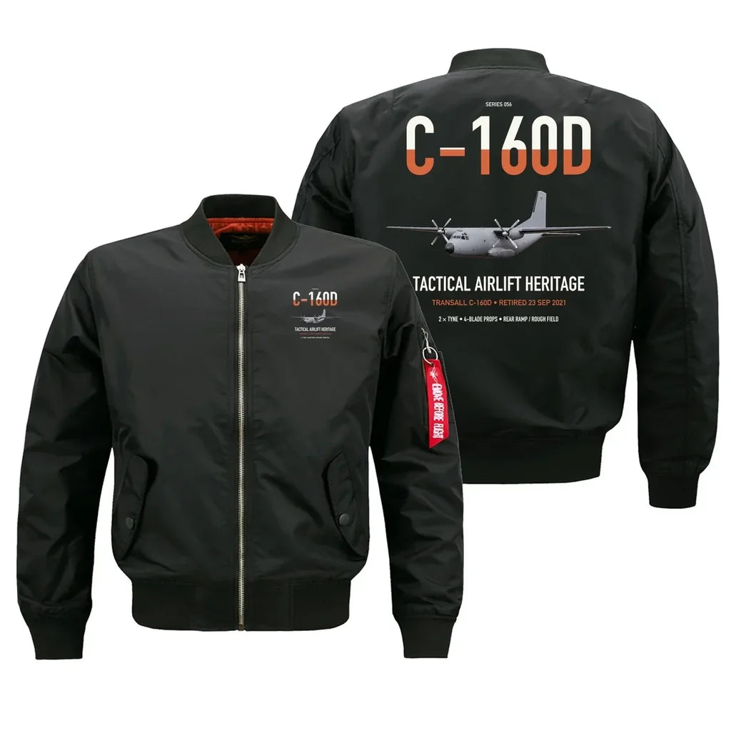 Transall C-160D design on black bomber jacket, double-side print