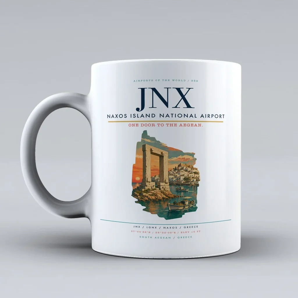 Naxos Island National Airport (JNX) airport code design on white ceramic mug