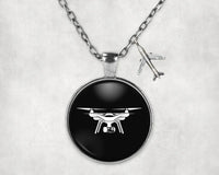 Thumbnail for Drone Silhouette aviation-themed necklace, polished stainless steel.