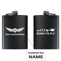 Thumbnail for Born To Fly Helicopter aviation design on stainless hip flask, compact pocket-size flask.