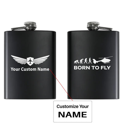 Born To Fly Helicopter aviation design on stainless hip flask, compact pocket-size flask.