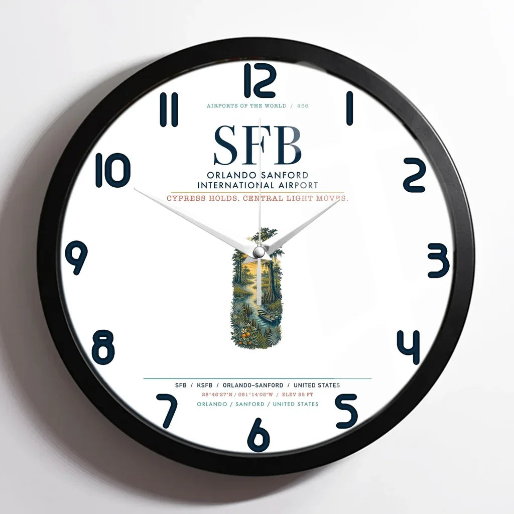 Orlando Sanford International Airport (SFB) design on white framed wall clock