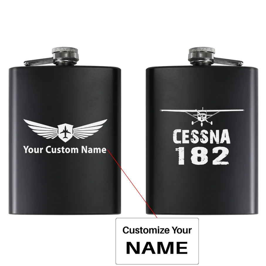 Cessna 182 & Plane aviation design on stainless hip flask, compact pocket-size flask.