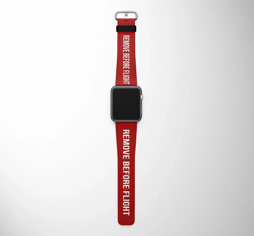 Remove Before Flight Red aviation Apple Watch strap, durable silicone body with engraved detail.