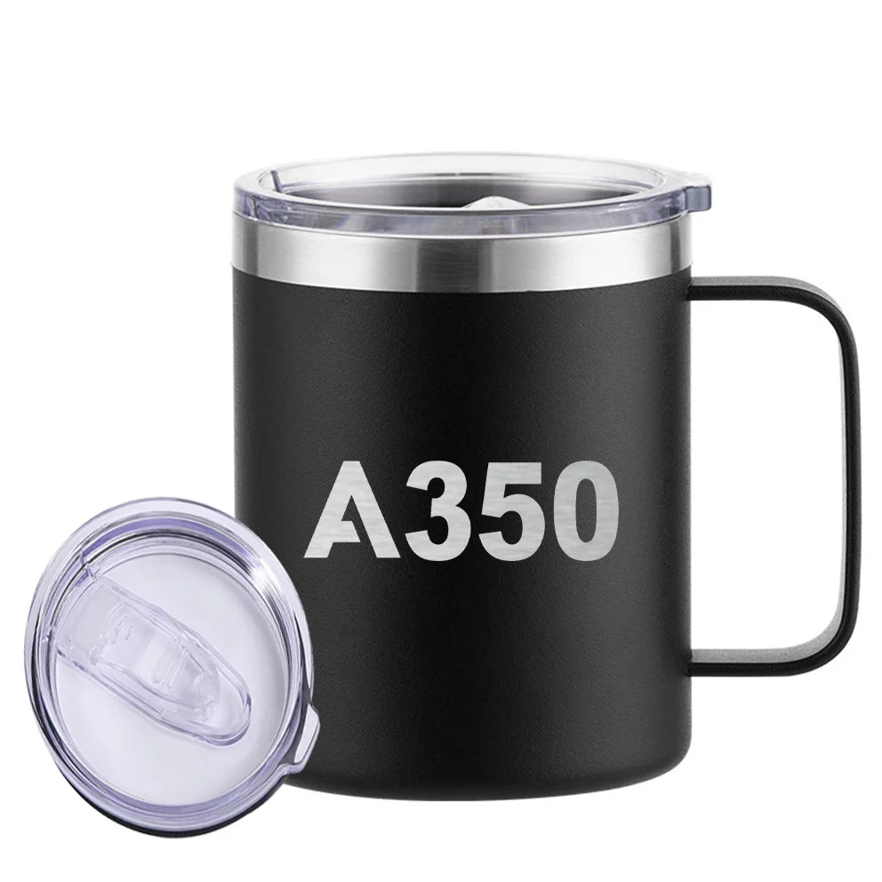 Airbus A350 Flat Text aviation design on laser-engraved mug, permanent laser engraving on stainless.
