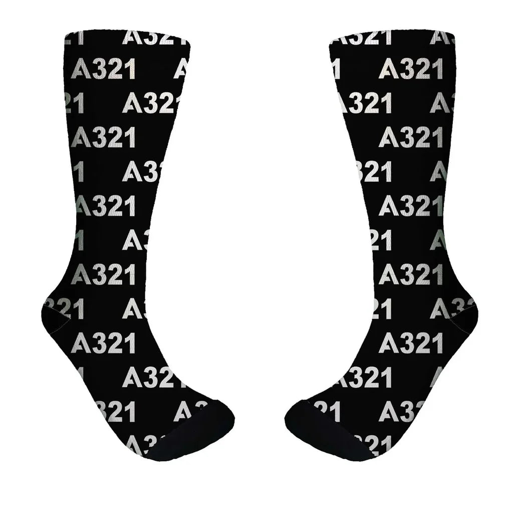 Airbus A321 Flat Text aviation design on soft cotton blend socks.