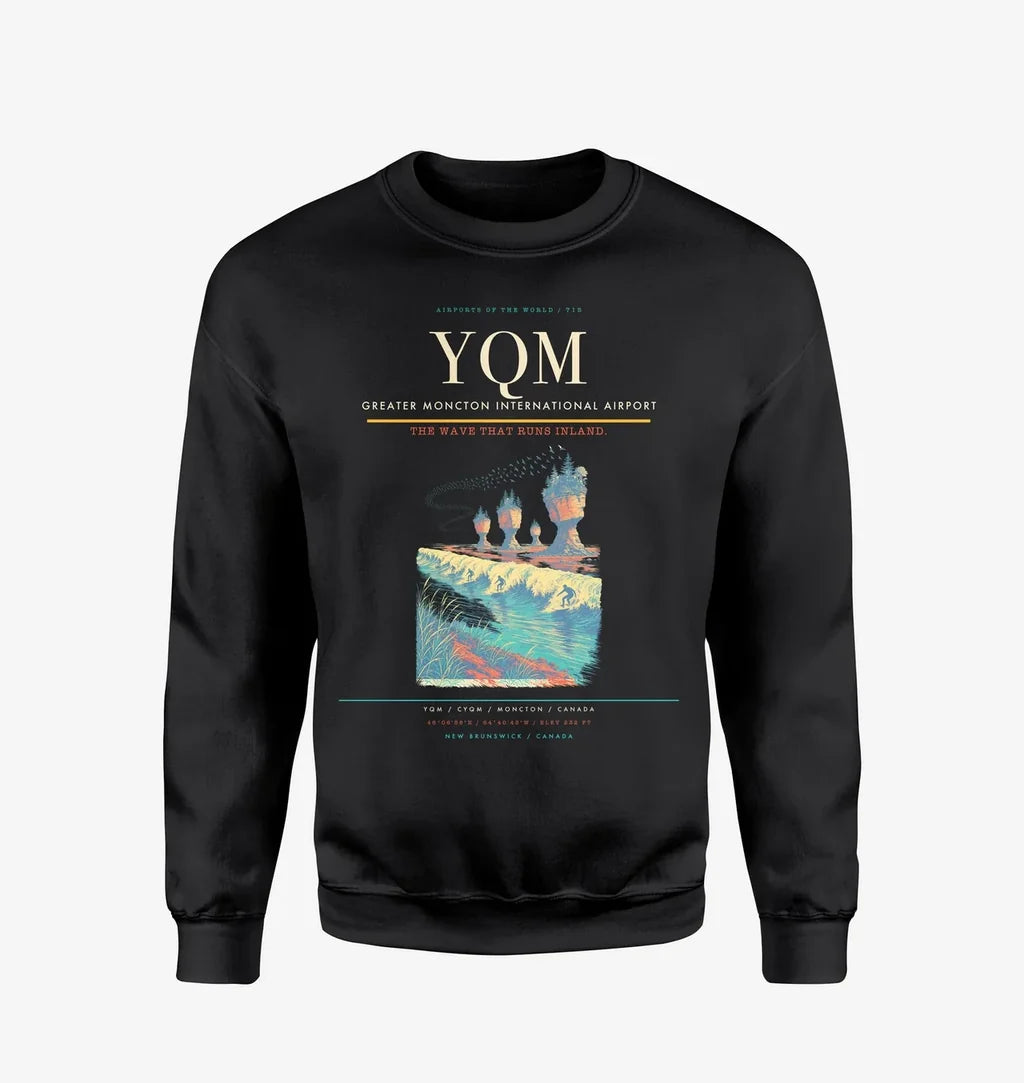 Greater Moncton International Airport (YQM) design on black sweatshirt