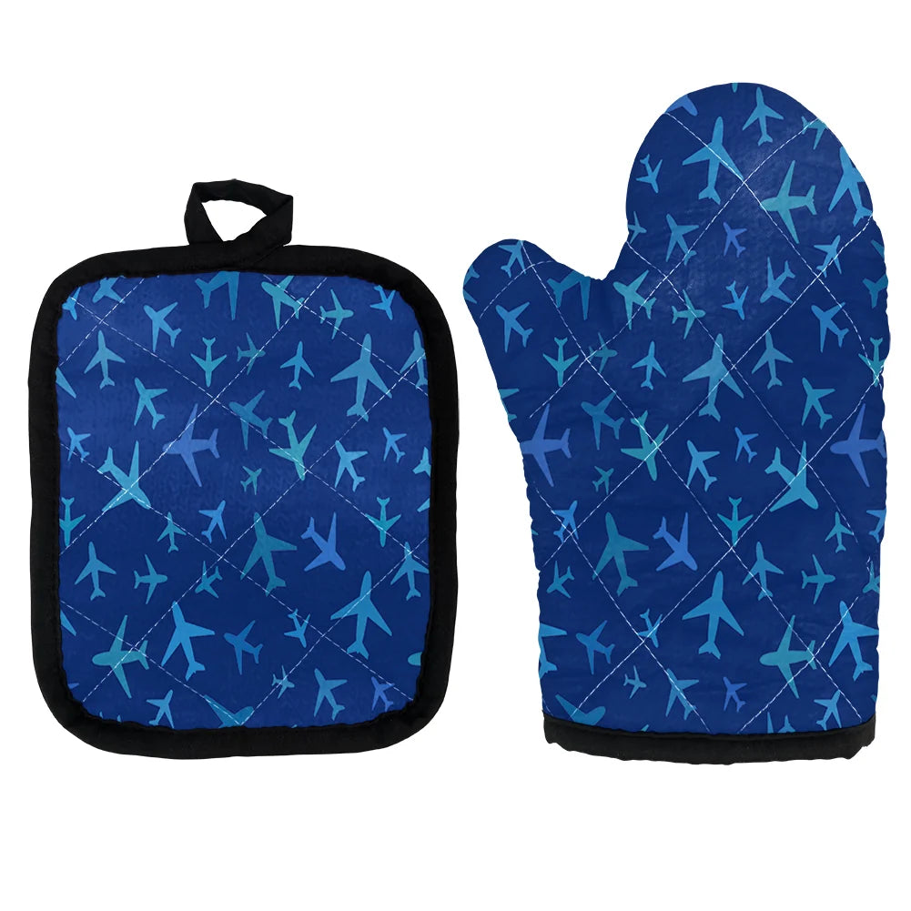 Many Airplanes Blue Kitchen Glove & Holder aviation design on durable fabric with insulated lining kitchen glove holder.