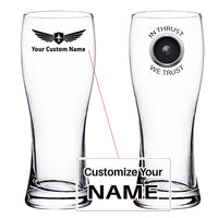 Thumbnail for In Thrust We Trust aviation design on pilsner glass, tall pilsner glassware.