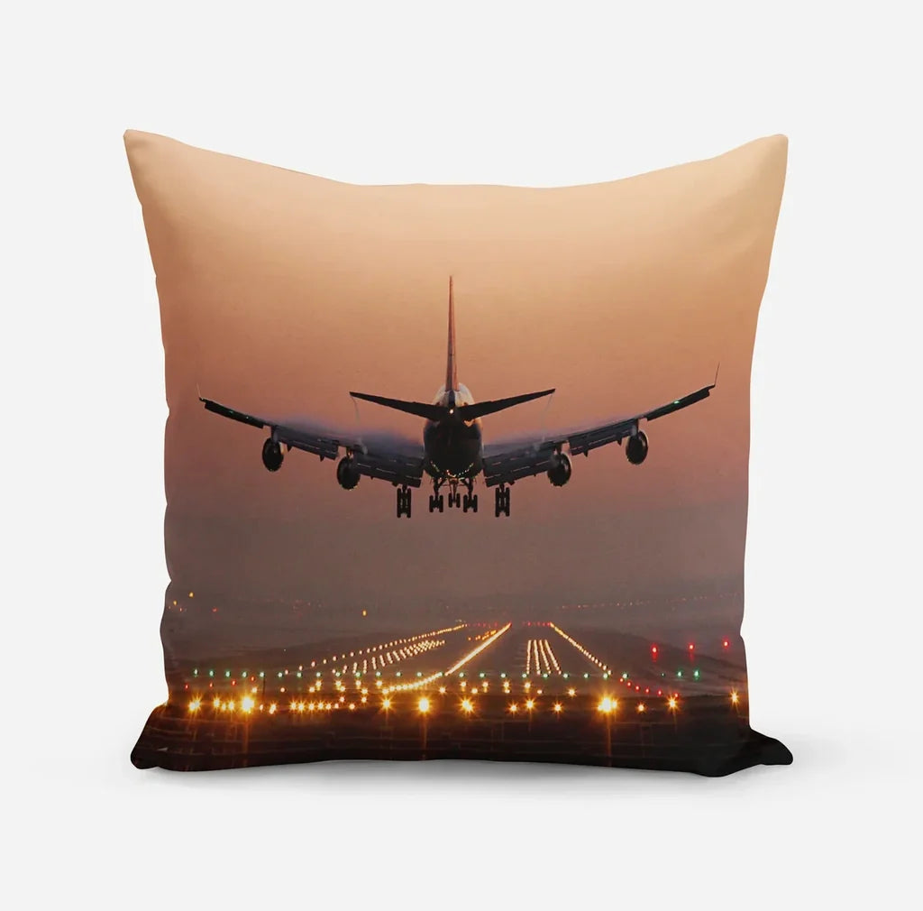 Landing Boeing 747 During Sunset aviation design on soft polyester filling pillow.