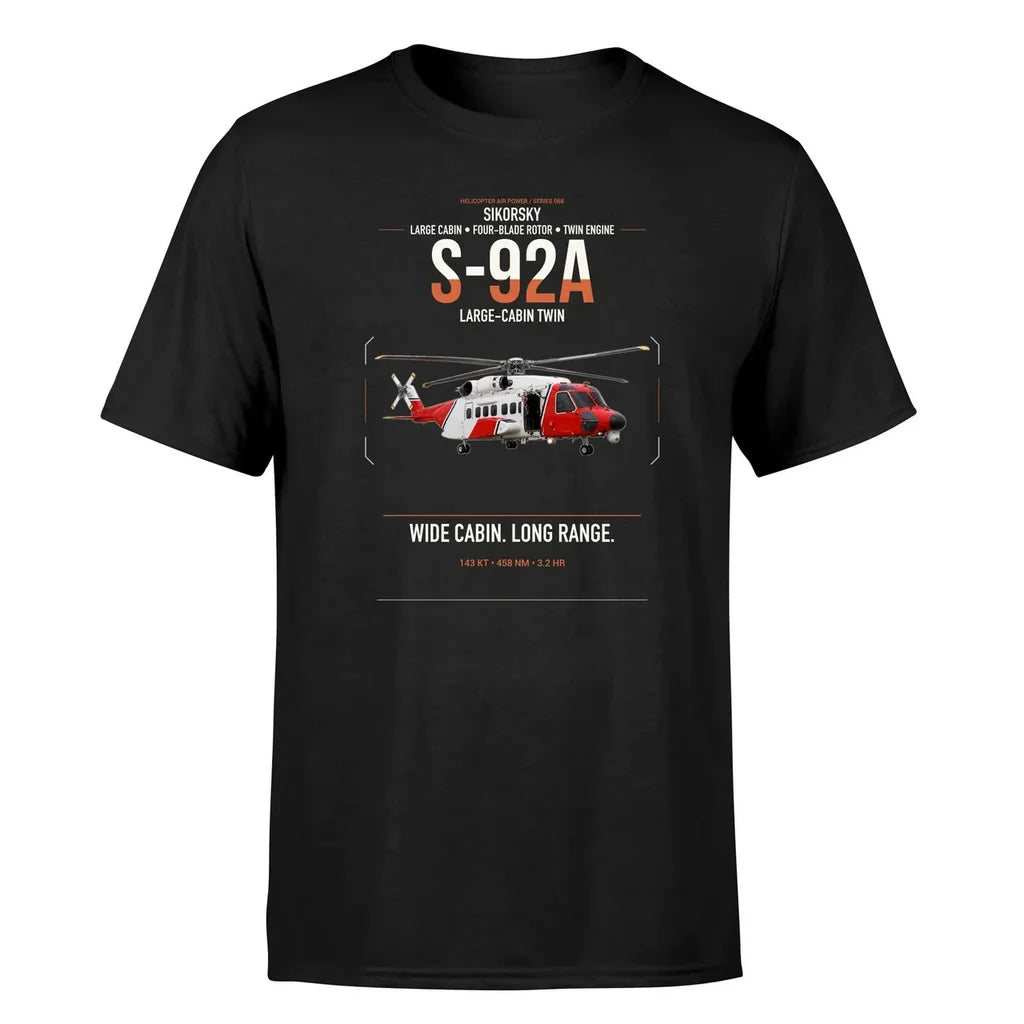 Sikorsky S-92A design on black t-shirt, single-side print