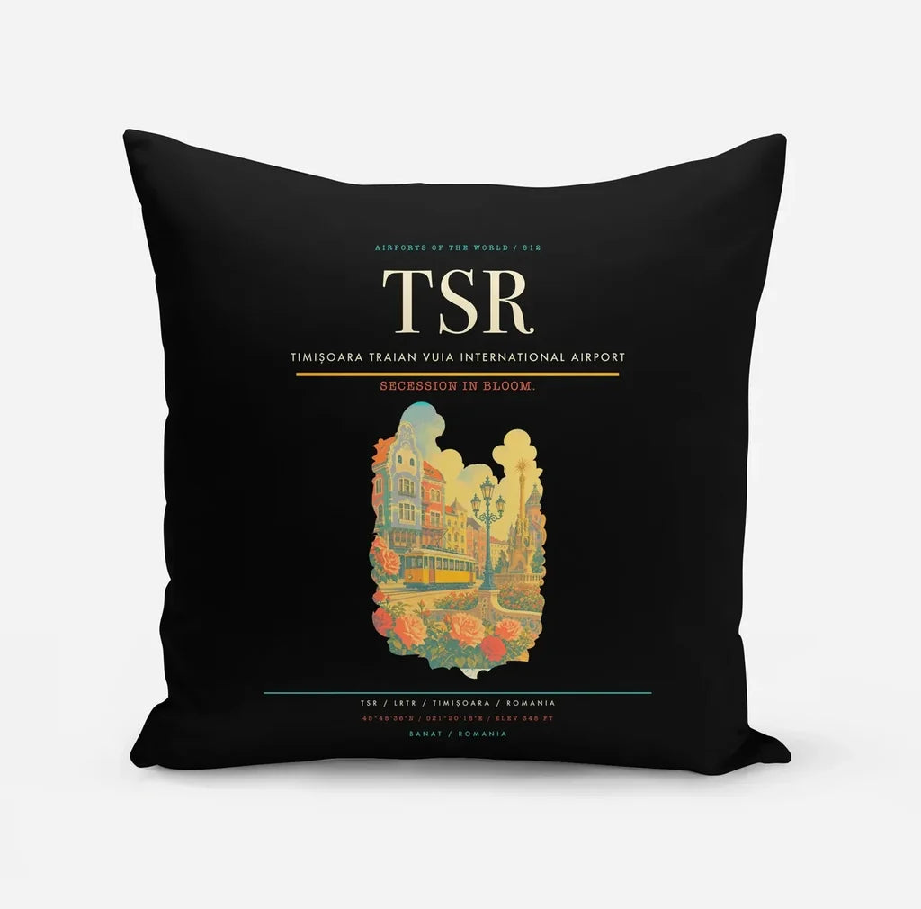 Timișoara Traian Vuia International Airport (TSR) design on black pillow