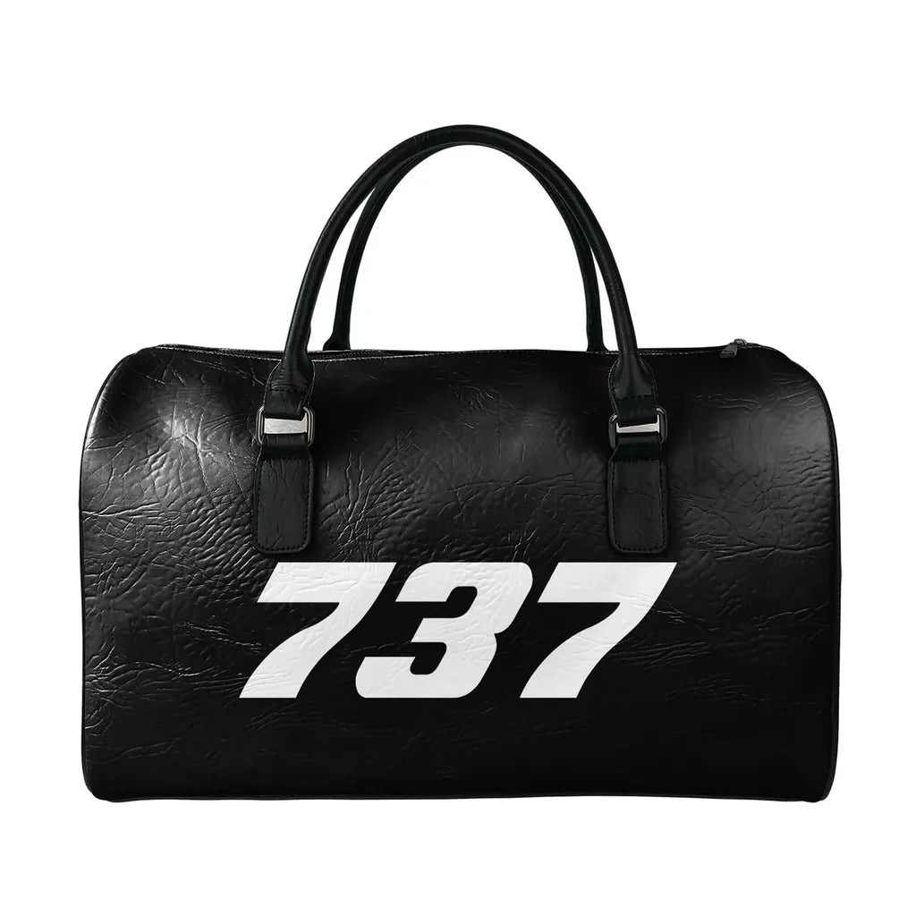 Boeing 737 Flat Text aviation print leather travel bag, full-grain leather.