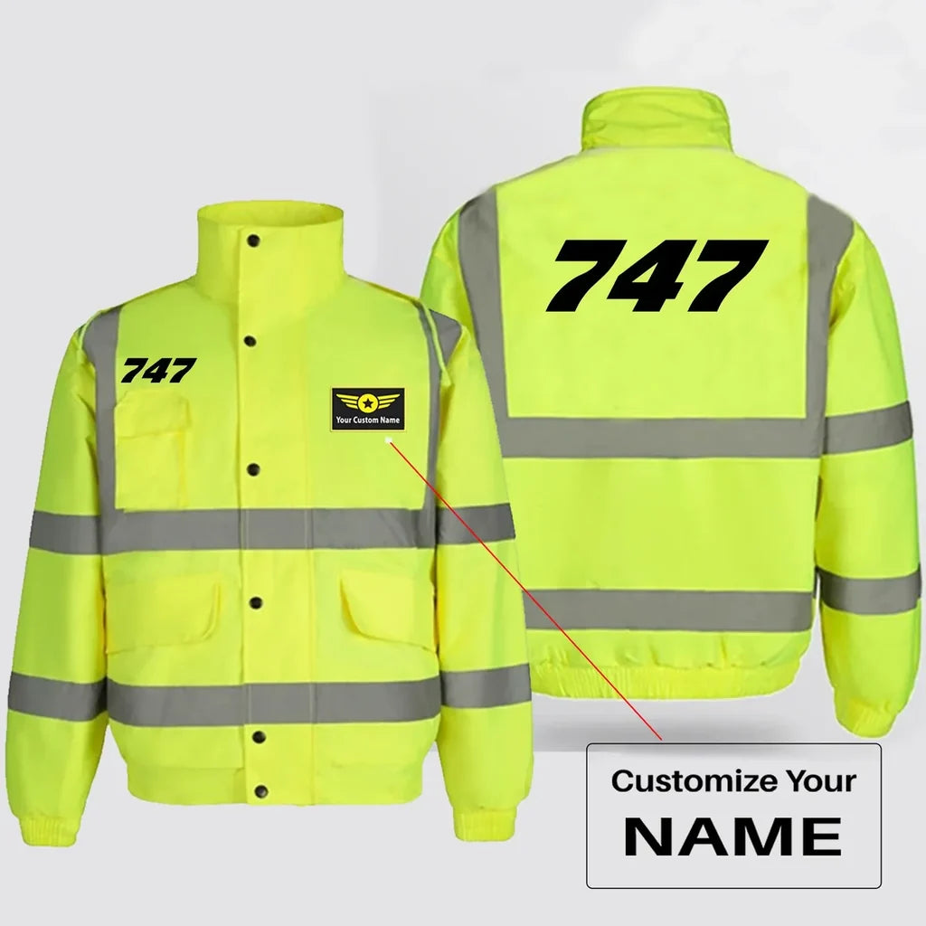 Boeing 747 Flat Text aviation design printed on insulated shell with high-visibility reflective panels reflective winter jacket.