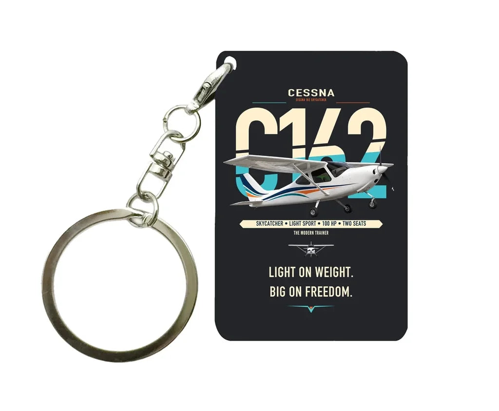 Cessna 162 Skycatcher design on black designed key chain, double-side print