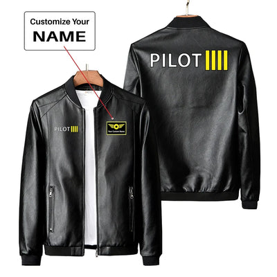 Pilot & Stripes (4 Lines) PU aviation design printed on genuine leather with quilted lining leather jacket.