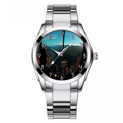 Beautiful Scenary Through Helicopter Cockpit aviation watch with stainless steel band, stainless steel body with engraved det.