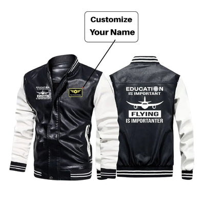 Flying is Importanter aviation design printed on genuine leather with modern tailored fit stylish leather jacket.