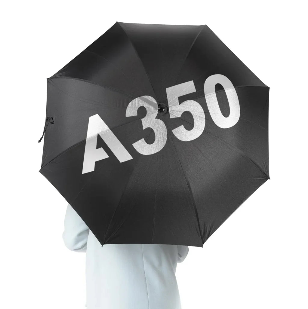Airbus A350 Flat Text aviation design on windproof polyester umbrella.