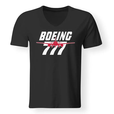 Amazing Boeing 777 aviation design printed on soft cotton V-neck T-shirt.