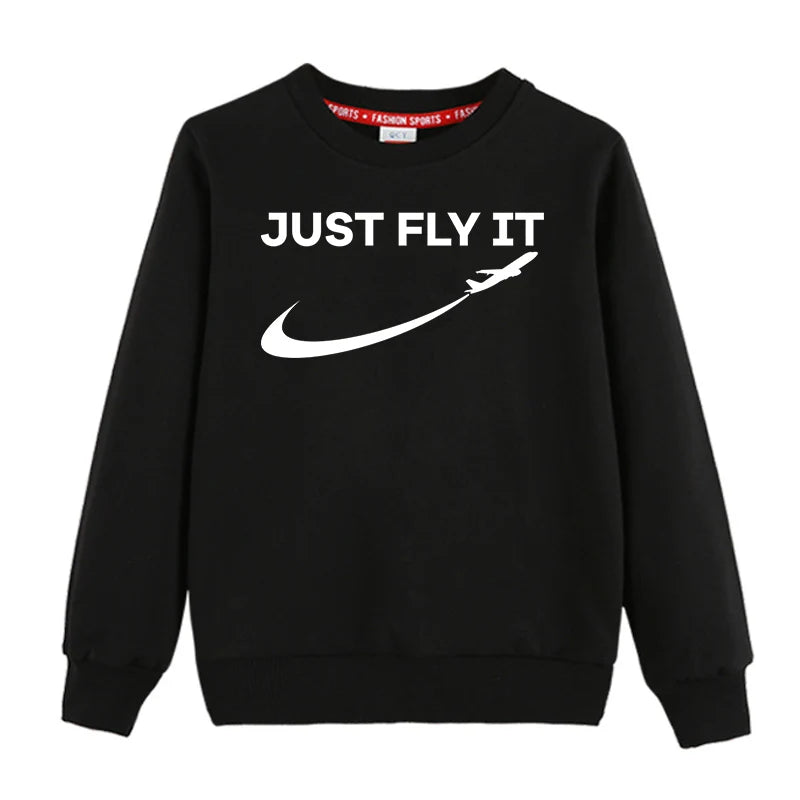 Just Fly It 2 "CHILDREN" aviation design printed on soft cotton blend kids' sweatshirt.