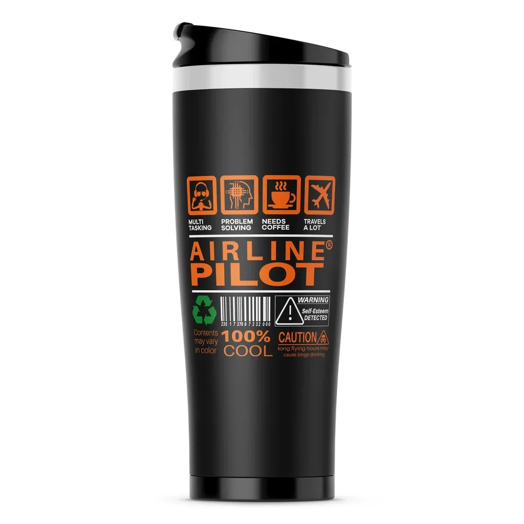 Airline Pilot Label aviation design on travel mug no-holder, insulated double-wall.