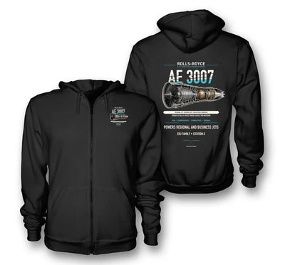 AE 3007 design on black zipped hoodie