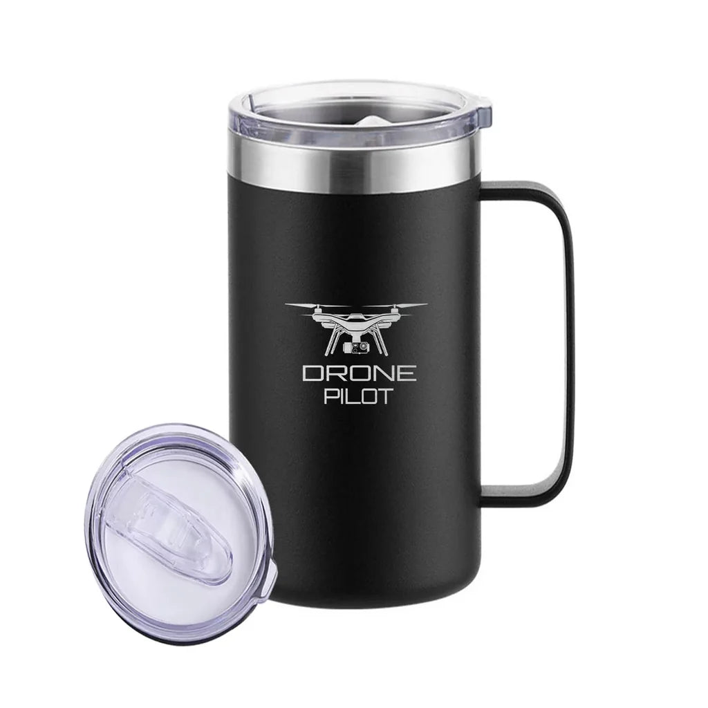 Drone aviation design on stainless beer mug, insulated stainless beer mug.