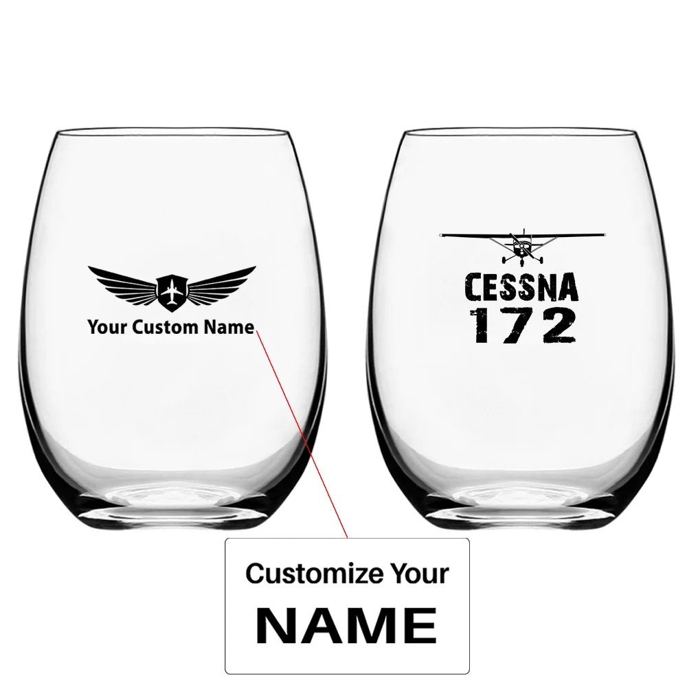 Cessna 172 & Plane Water & Drink aviation design on water glass, crystal-clear premium glassware.
