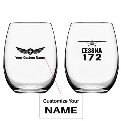 Cessna 172 & Plane Water & Drink aviation design on water glass, crystal-clear premium glassware.
