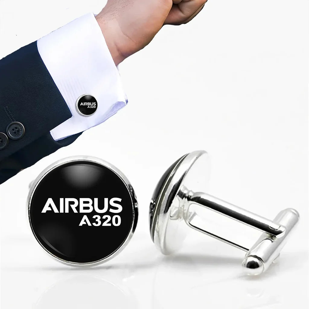 Airbus A320 & Text aviation cuff links, polished metal body with engraved detail.