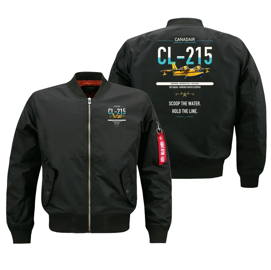 Canadair CL-215 design on black bomber jacket, double-side print