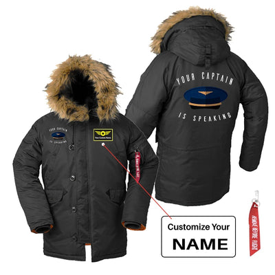 Your Captain Is Speaking aviation design printed on heavyweight shell with hooded warmth parka bomber.