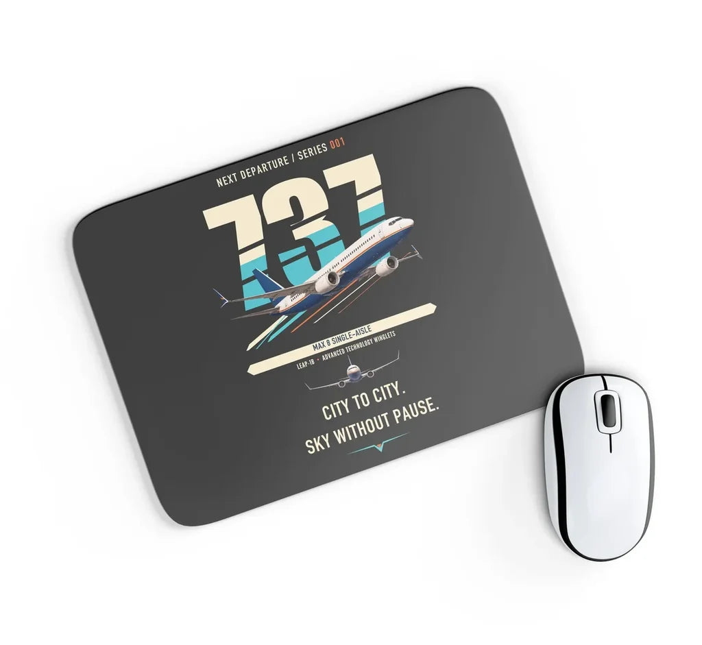 Boeing 737 MAX 8 design on black rectangle mouse pad