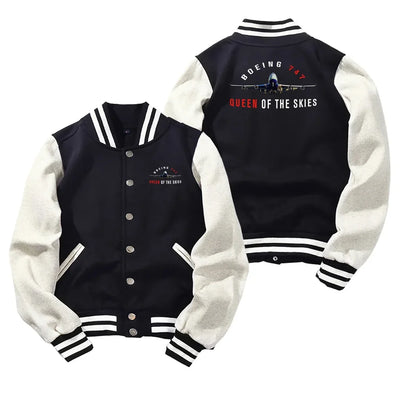 Boeing 747 Queen of the Skies Baseball Style aviation design printed on two-tone shell with ribbed cuffs baseball jacket.