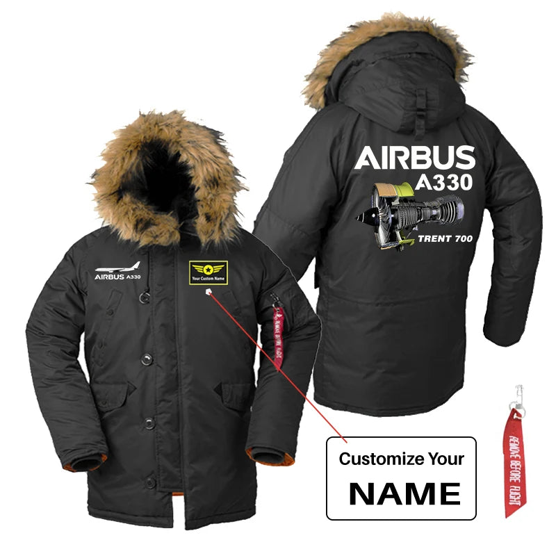 Airbus A330 & Trent 700 Engine aviation design printed on heavyweight shell with hooded warmth parka bomber.