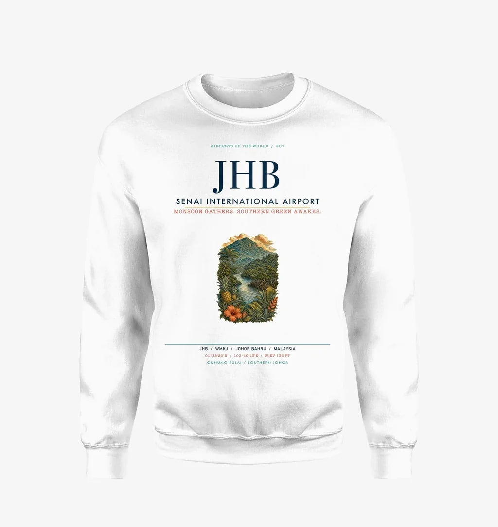 Senai International Airport Johor Bahru (JHB) design on white sweatshirt