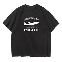 Thumbnail for Get High Every Day Sleep With A Pilot aviation design printed on soft cotton relax-fit T-shirt.