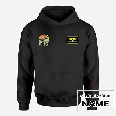 Retro Fighter Jet F15 aviation design on soft cotton blend men's hoodie with small chest logo.