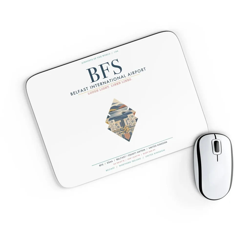 Belfast International Airport (BFS) design on white rectangle mouse pad