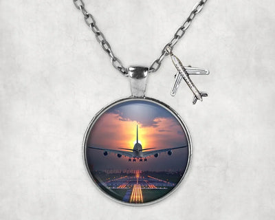 Super Airbus A380 Landing During Sunset aviation-themed necklace, polished stainless steel.