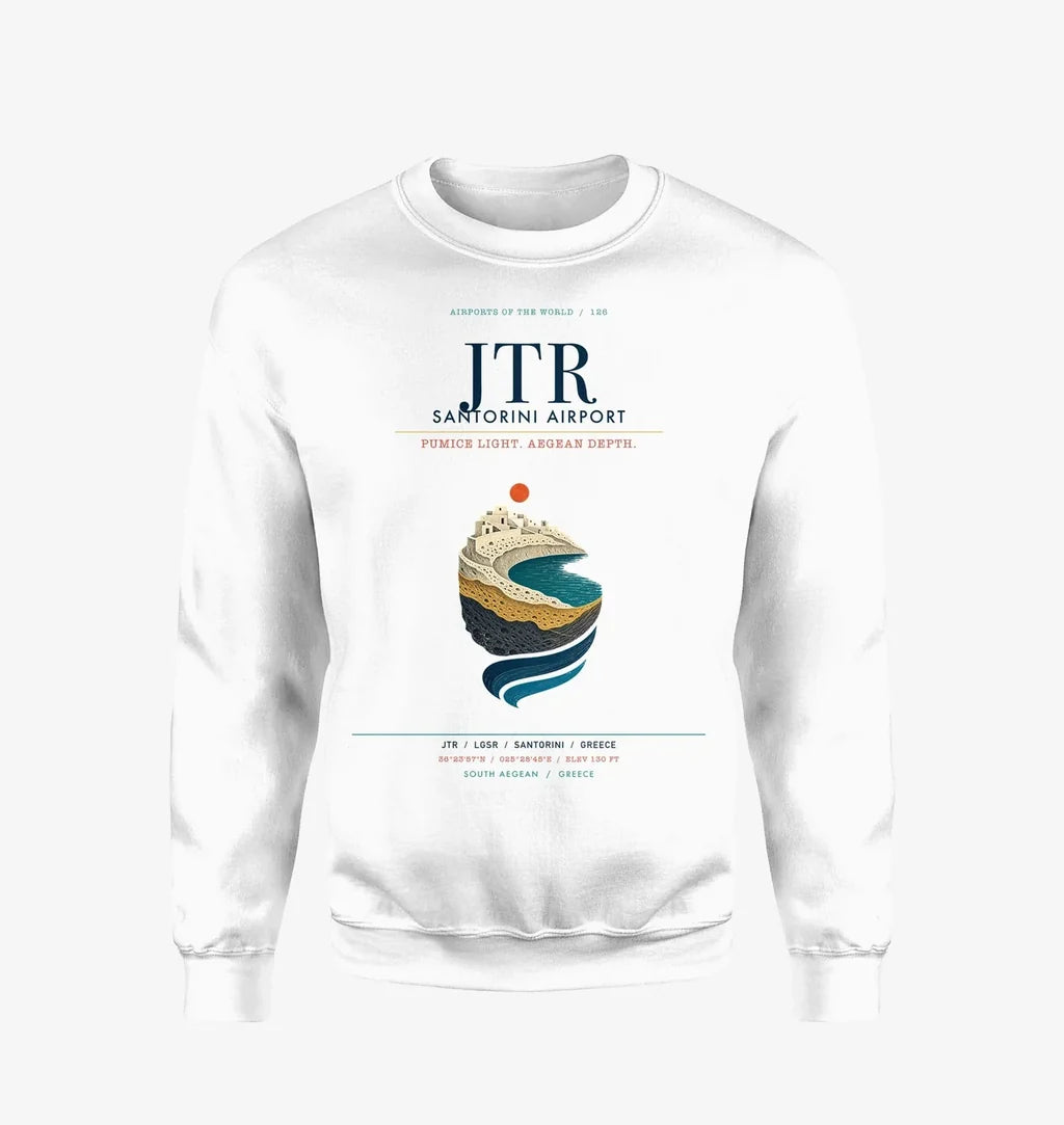 Santorini Airport (JTR) design on white sweatshirt